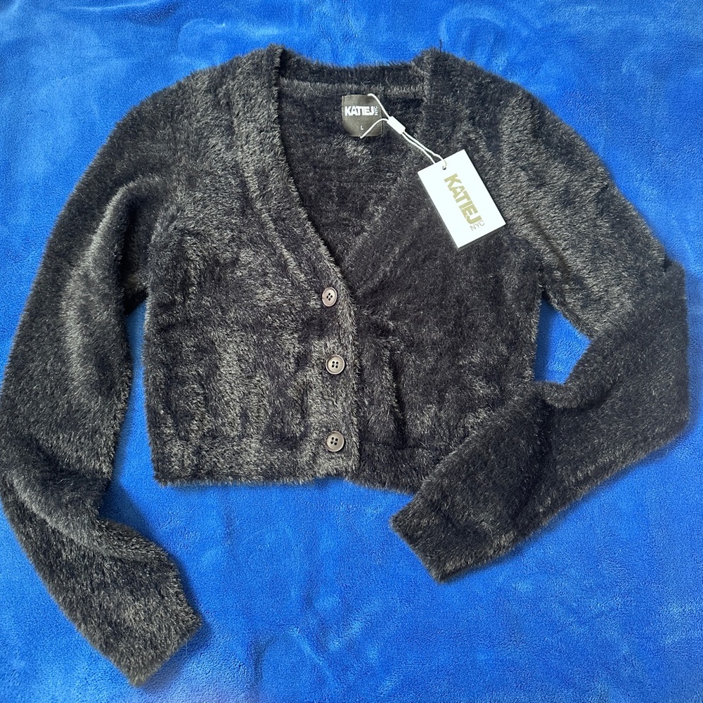 KatieJ NYC 
Black Fuzzy girls Sweater